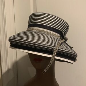 Elegant Black and White Striped Hat with Rhinestone Detail